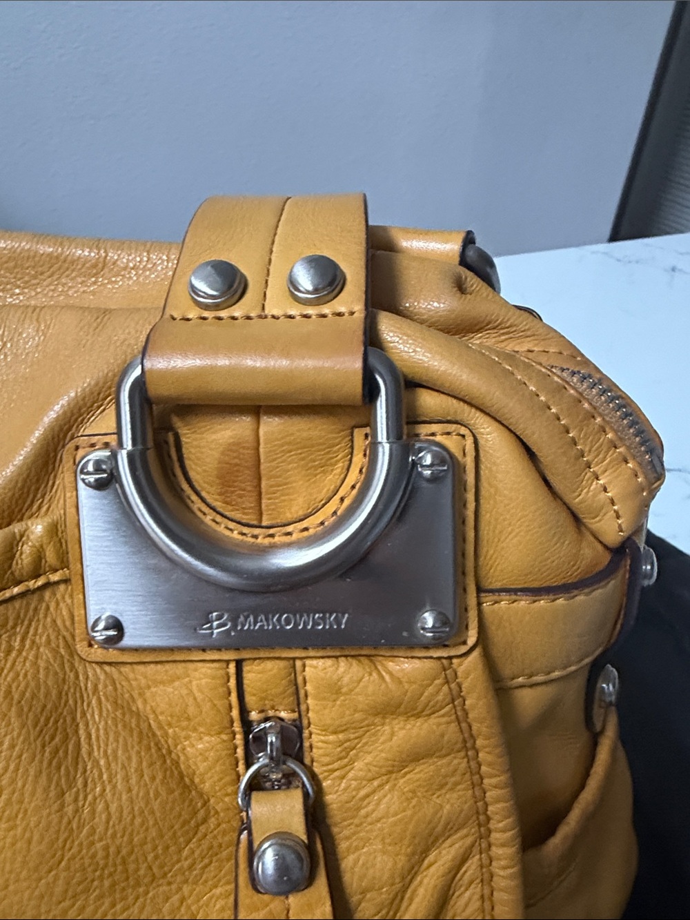 B. Makowsky Mustard Yellow Leather Satchel Shoulder Bag - Picture 10 of 12